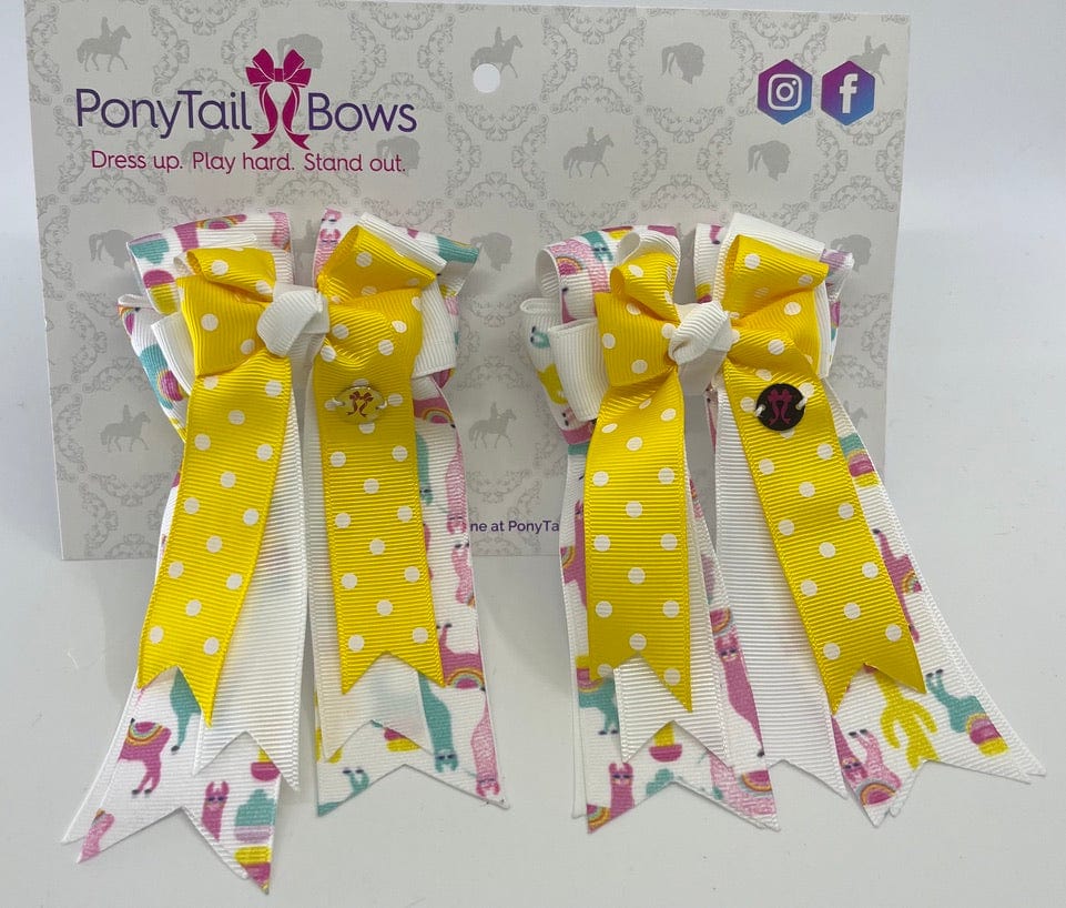 PonyTail Bows 3" Tails Drama Llama-Yellow Polka Dot PonyTail Bows equestrian team apparel online tack store mobile tack store custom farm apparel custom show stable clothing equestrian lifestyle horse show clothing riding clothes PonyTail Bows | Equestrian Hair Accessories horses equestrian tack store