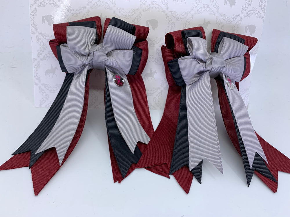 PonyTail Bows 3" Tails PonyTail Bows- Silver/Cabernet equestrian team apparel online tack store mobile tack store custom farm apparel custom show stable clothing equestrian lifestyle horse show clothing riding clothes PonyTail Bows | Equestrian Hair Accessories horses equestrian tack store