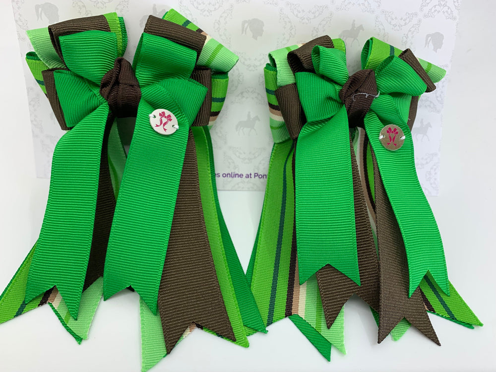 PonyTail Bows- Green Java Brown Stripes