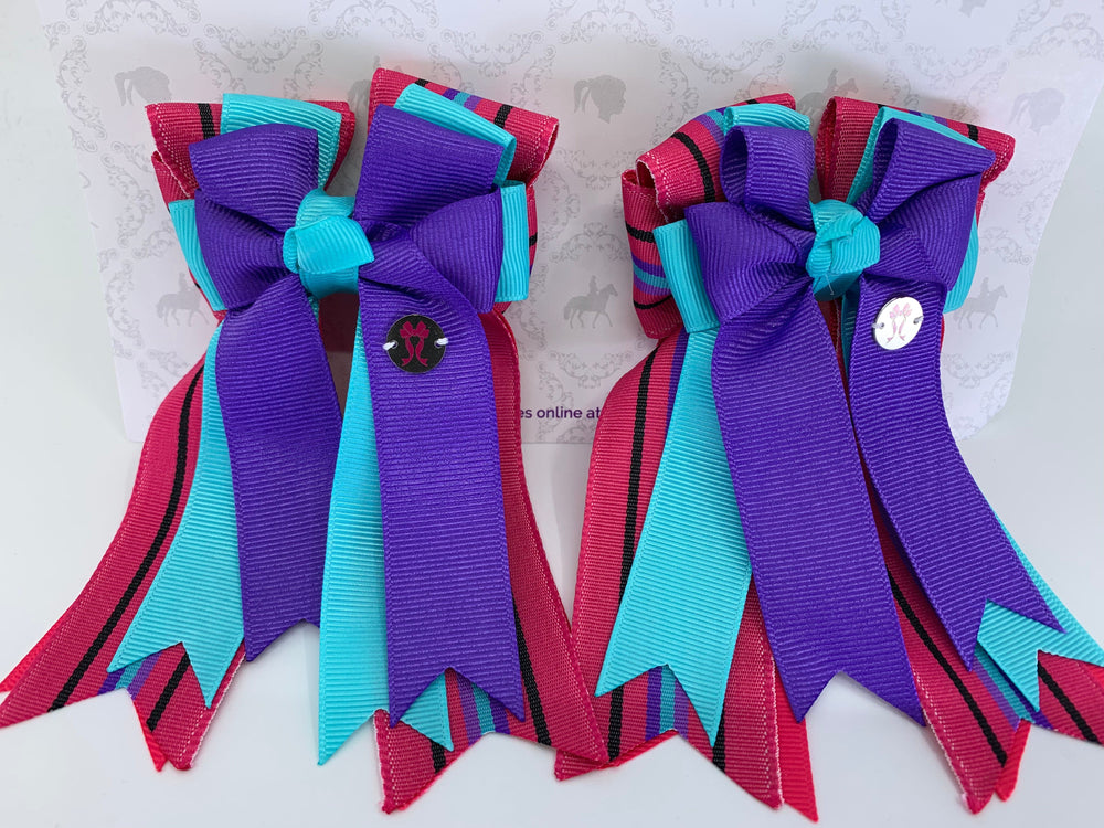 PonyTail Bows- Purple Aqua Stripes