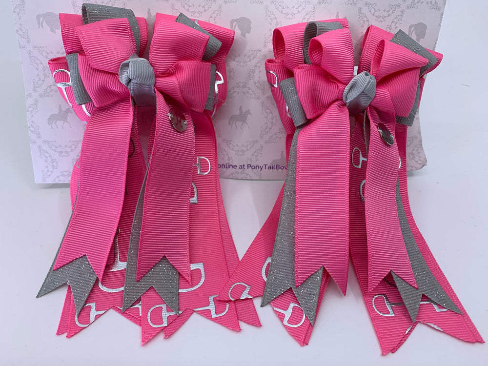 PonyTail Bows 3" Tails PonyTail Bows- Hot Pink/Gray Bits equestrian team apparel online tack store mobile tack store custom farm apparel custom show stable clothing equestrian lifestyle horse show clothing riding clothes PonyTail Bows | Equestrian Hair Accessories horses equestrian tack store