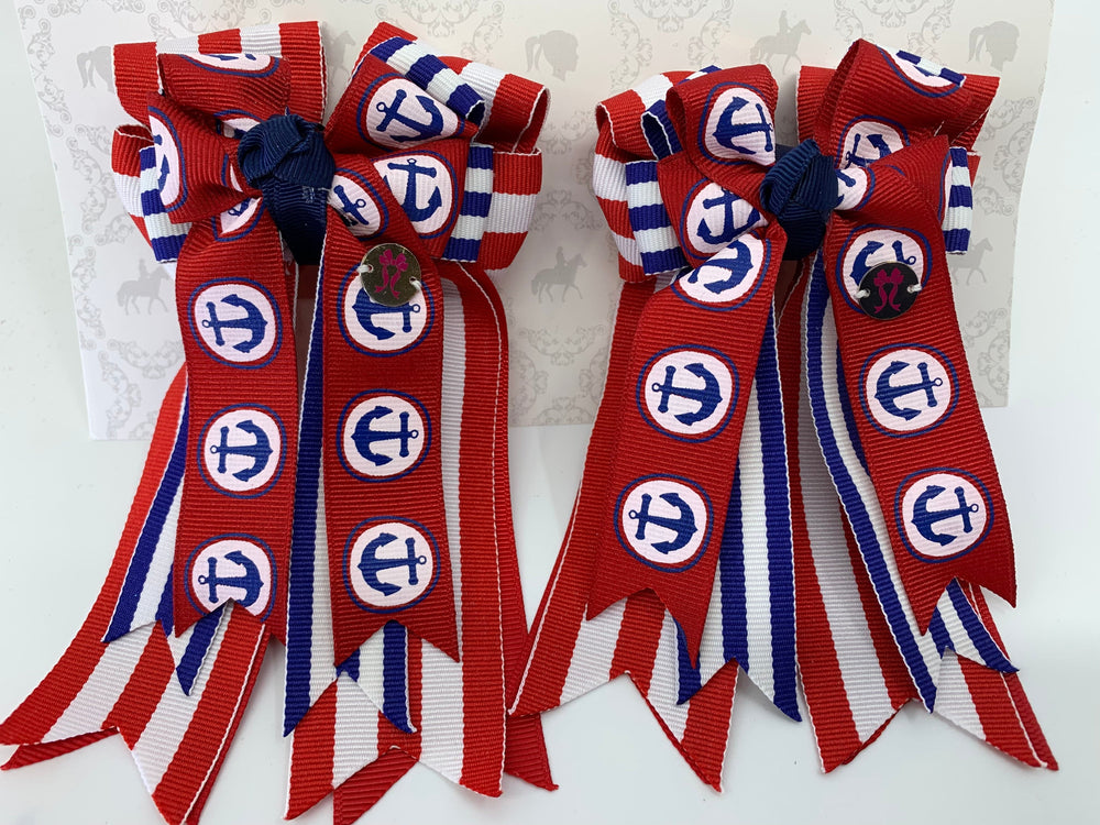 PonyTail Bows 3" Tails PonyTail Bows- Red/White/Blue Anchors equestrian team apparel online tack store mobile tack store custom farm apparel custom show stable clothing equestrian lifestyle horse show clothing riding clothes PonyTail Bows | Equestrian Hair Accessories horses equestrian tack store