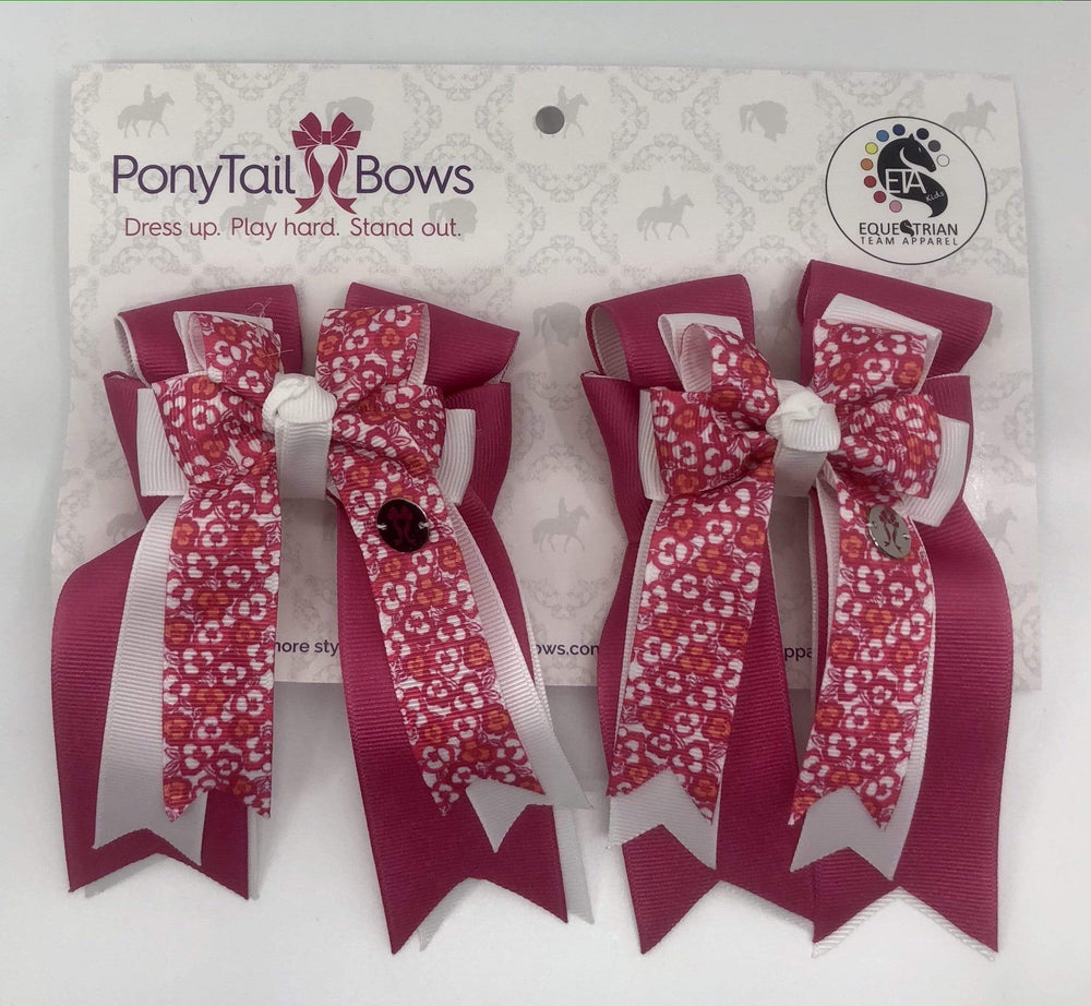 Pink Flowers White PonyTail Bows