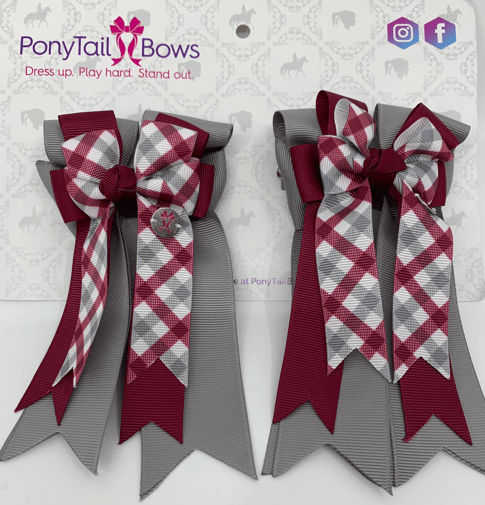 PonyTail Bows 3" Tails PonyTail Bows- Cranberry Plaid Grey Base equestrian team apparel online tack store mobile tack store custom farm apparel custom show stable clothing equestrian lifestyle horse show clothing riding clothes PonyTail Bows | Equestrian Hair Accessories horses equestrian tack store