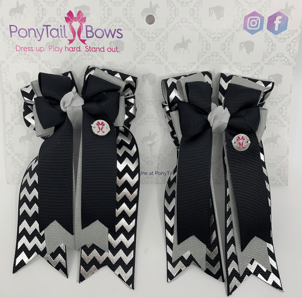 PonyTail Bows 3" Tails PonyTail Bows- Black/Grey Chevron equestrian team apparel online tack store mobile tack store custom farm apparel custom show stable clothing equestrian lifestyle horse show clothing riding clothes PonyTail Bows | Equestrian Hair Accessories horses equestrian tack store