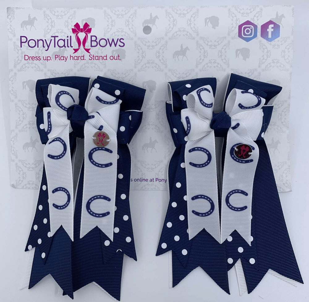 PonyTail Bows- Navy Polka Horse Shoes