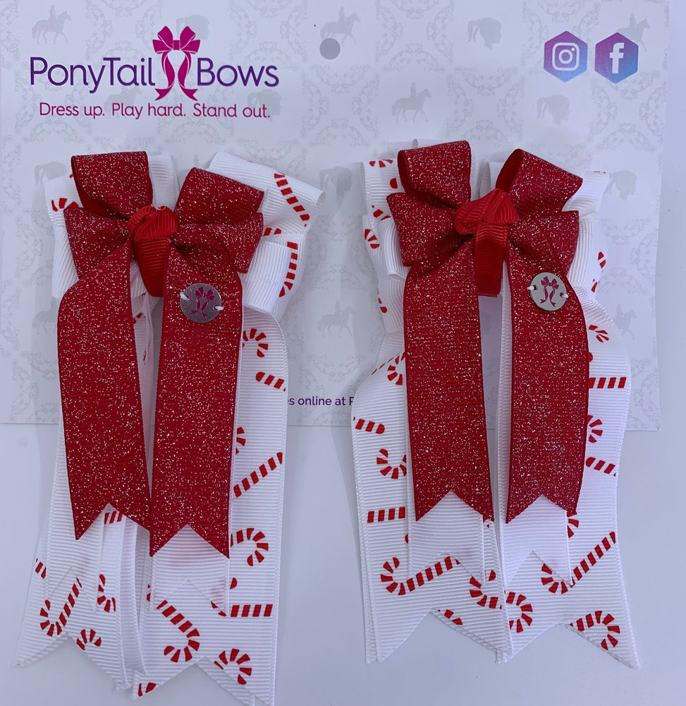 PonyTail Bows- White with Red Candy Canes