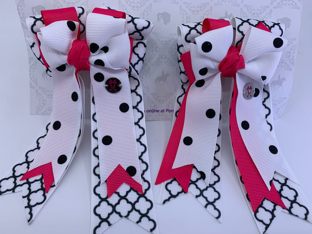 PonyTail Bows 3" Tails PonyTail Bows- White Black Motif/Hot Pink equestrian team apparel online tack store mobile tack store custom farm apparel custom show stable clothing equestrian lifestyle horse show clothing riding clothes PonyTail Bows | Equestrian Hair Accessories horses equestrian tack store