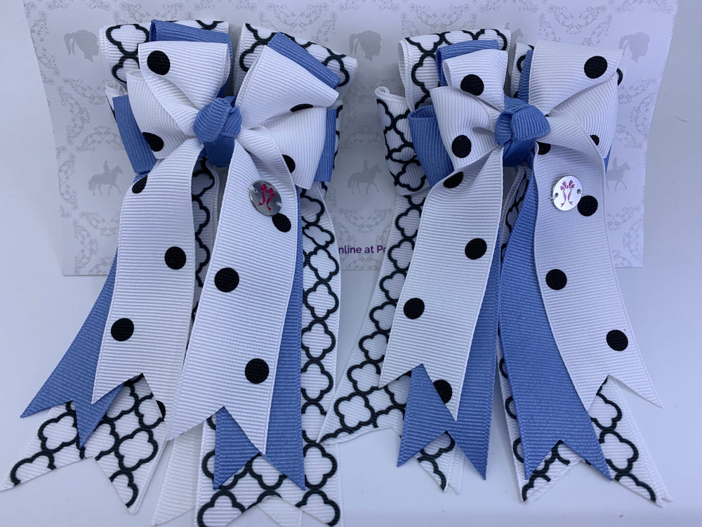 PonyTail Bows 3" Tails Copy of PonyTail Bows- White Black Motif/Blue equestrian team apparel online tack store mobile tack store custom farm apparel custom show stable clothing equestrian lifestyle horse show clothing riding clothes PonyTail Bows | Equestrian Hair Accessories horses equestrian tack store