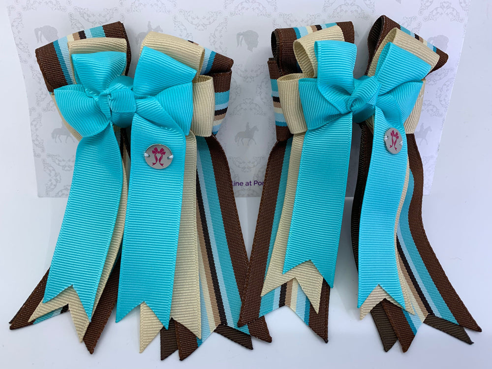 PonyTail Bows 3" Tails PonyTail Bows- Aqua Khaki Stripes equestrian team apparel online tack store mobile tack store custom farm apparel custom show stable clothing equestrian lifestyle horse show clothing riding clothes PonyTail Bows | Equestrian Hair Accessories horses equestrian tack store