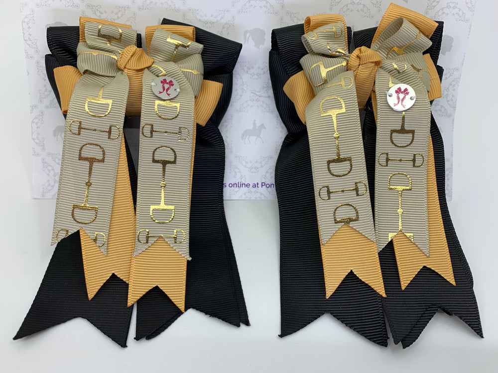 PonyTail Bows 3" Tails PonyTail Bows- Khaki/Gold/Black Bits equestrian team apparel online tack store mobile tack store custom farm apparel custom show stable clothing equestrian lifestyle horse show clothing riding clothes PonyTail Bows | Equestrian Hair Accessories horses equestrian tack store