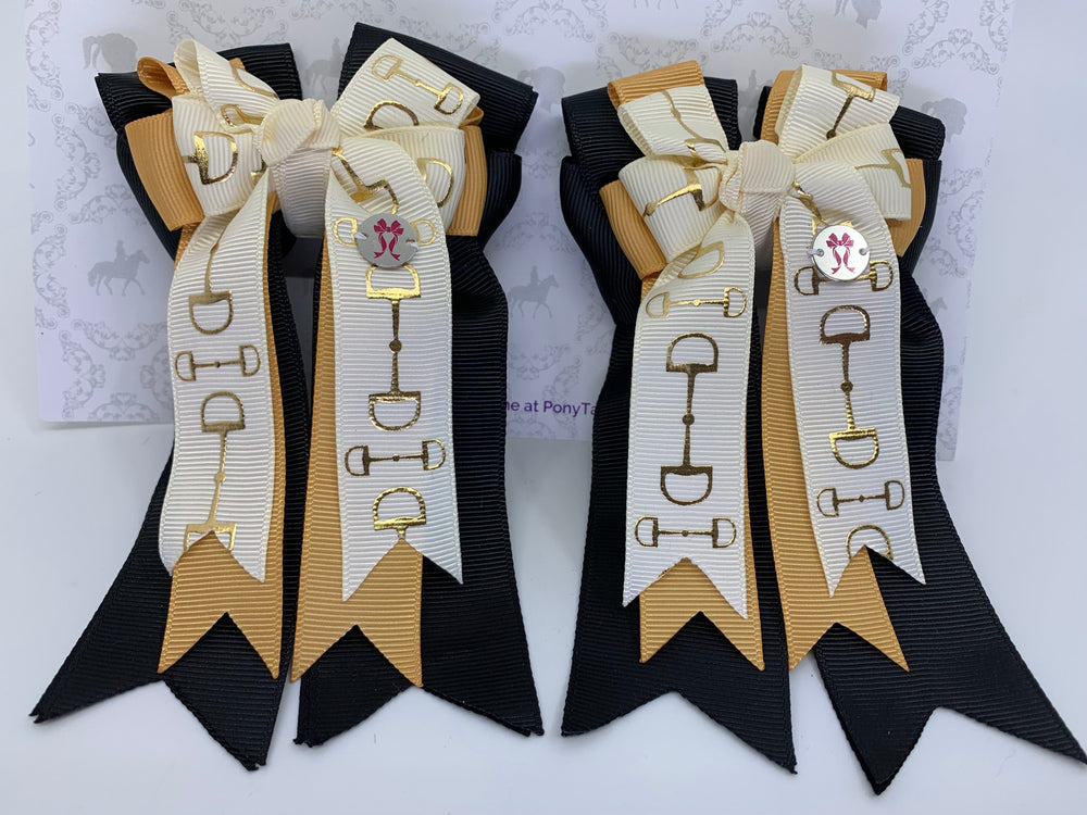 PonyTail Bows 3" Tails PonyTail Bows- Ivory/Gold/Black Bits equestrian team apparel online tack store mobile tack store custom farm apparel custom show stable clothing equestrian lifestyle horse show clothing riding clothes PonyTail Bows | Equestrian Hair Accessories horses equestrian tack store