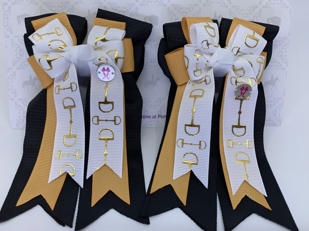 PonyTail Bows 3" Tails PonyTail Bows- White/Gold/Black Bits equestrian team apparel online tack store mobile tack store custom farm apparel custom show stable clothing equestrian lifestyle horse show clothing riding clothes PonyTail Bows | Equestrian Hair Accessories horses equestrian tack store