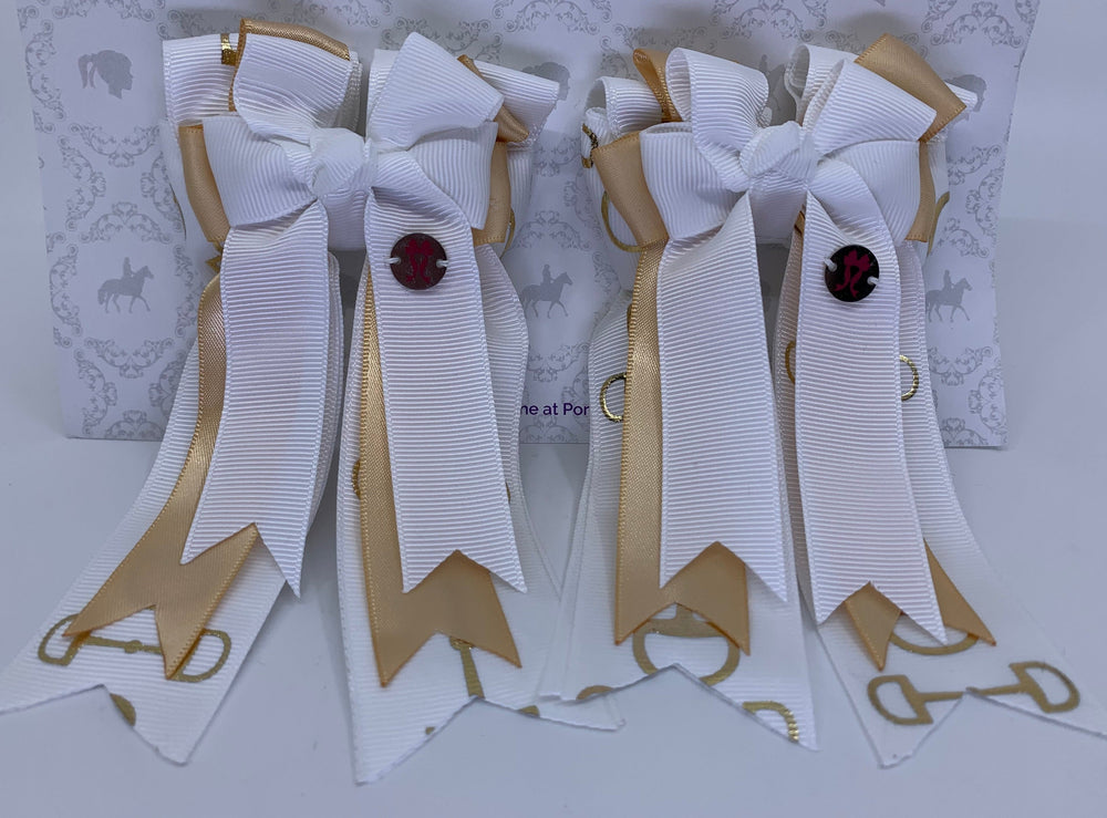 PonyTail Bows 3" Tails PonyTail Bows- White/Gold Bits equestrian team apparel online tack store mobile tack store custom farm apparel custom show stable clothing equestrian lifestyle horse show clothing riding clothes PonyTail Bows | Equestrian Hair Accessories horses equestrian tack store