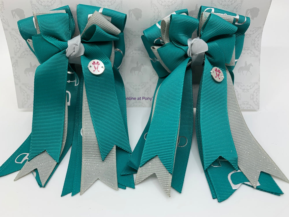 PonyTail Bows 3" Tails PonyTail Bows- Teal/Grey Bits equestrian team apparel online tack store mobile tack store custom farm apparel custom show stable clothing equestrian lifestyle horse show clothing riding clothes PonyTail Bows | Equestrian Hair Accessories horses equestrian tack store