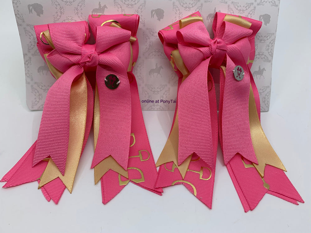 PonyTail Bows 3" Tails PonyTail Bows- Hot Pink/Gold Bits equestrian team apparel online tack store mobile tack store custom farm apparel custom show stable clothing equestrian lifestyle horse show clothing riding clothes PonyTail Bows | Equestrian Hair Accessories horses equestrian tack store