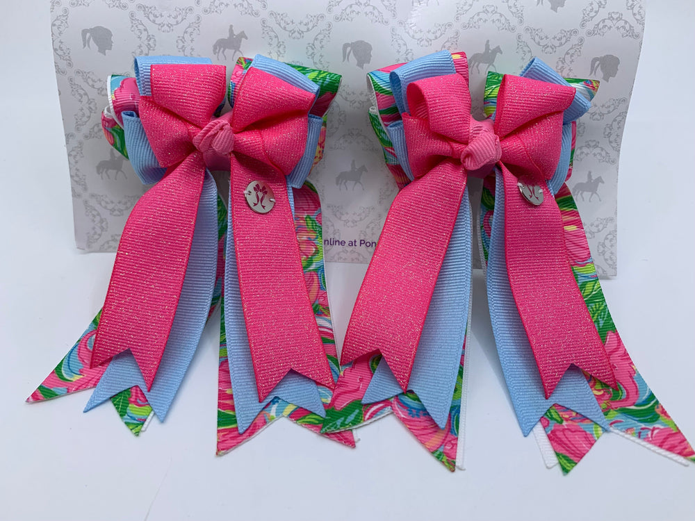 PonyTail Bows- Pink Glitter/Blue Spring