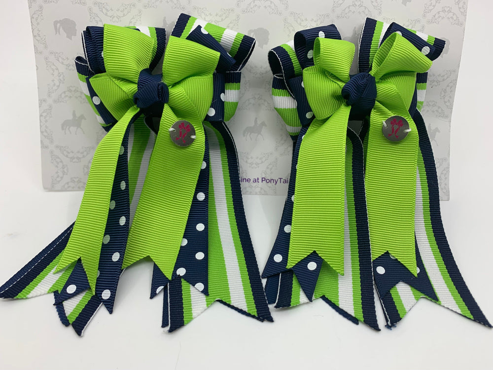 PonyTail Bows 3" Tails PonyTail Bows- Navy Polka Dots/Green equestrian team apparel online tack store mobile tack store custom farm apparel custom show stable clothing equestrian lifestyle horse show clothing riding clothes PonyTail Bows | Equestrian Hair Accessories horses equestrian tack store
