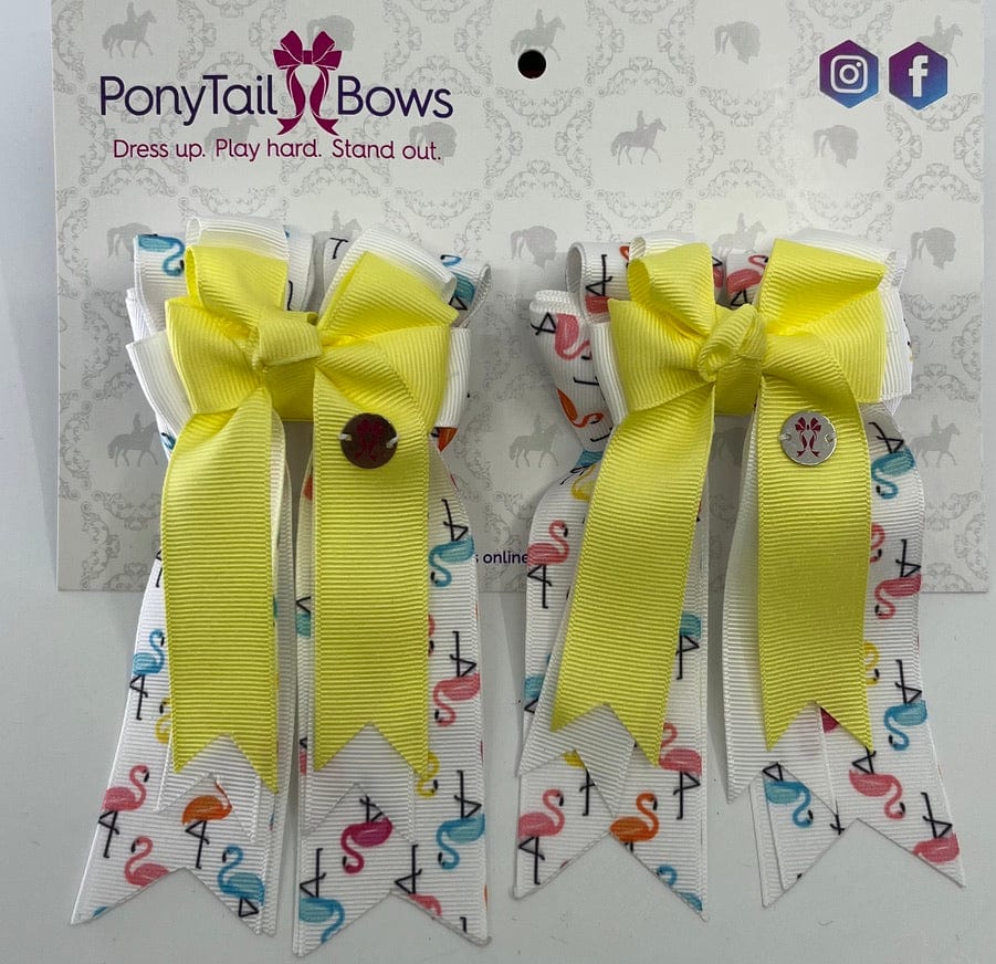 PonyTail Bows 3" Tails Flamingos For Days- Yellow PonyTail Bows equestrian team apparel online tack store mobile tack store custom farm apparel custom show stable clothing equestrian lifestyle horse show clothing riding clothes PonyTail Bows | Equestrian Hair Accessories horses equestrian tack store