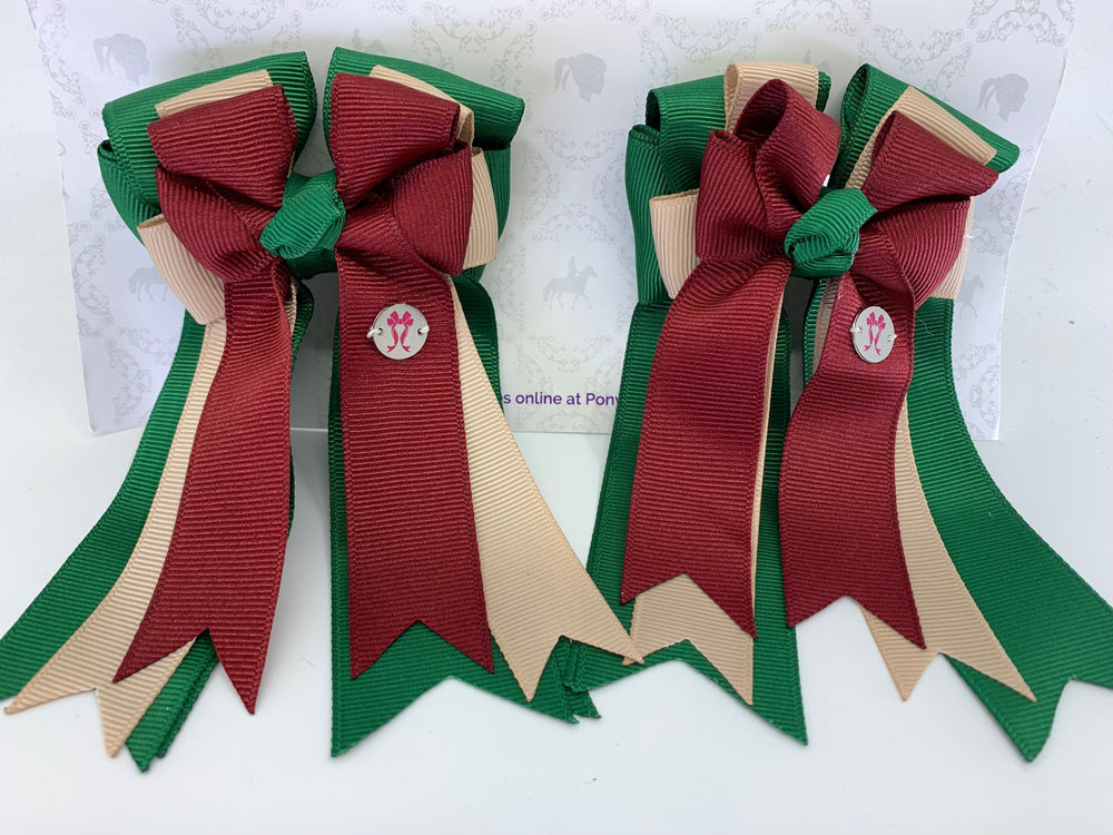 PonyTail Bows 3" Tails PonyTail Bows-  Hunter Green/Khaki/Burgundy equestrian team apparel online tack store mobile tack store custom farm apparel custom show stable clothing equestrian lifestyle horse show clothing riding clothes PonyTail Bows | Equestrian Hair Accessories horses equestrian tack store