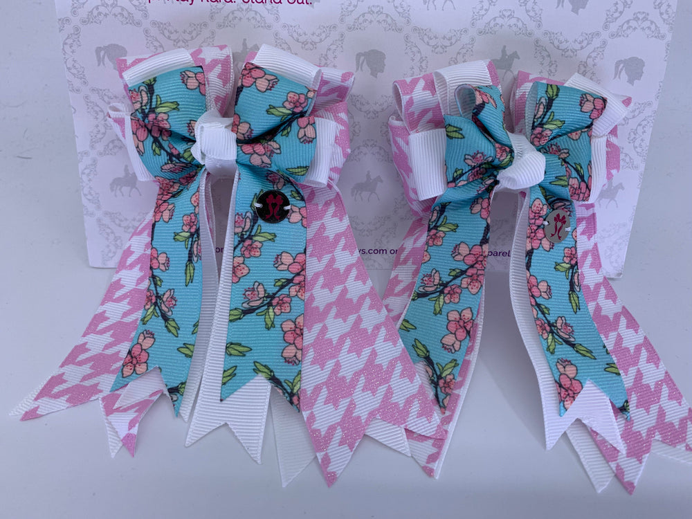 PonyTail Bows- Cherry Blossoms Pink Houndstooth