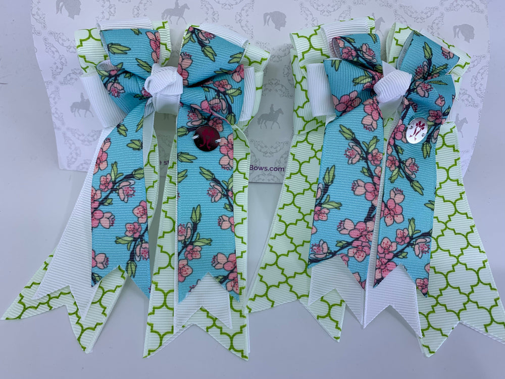PonyTail Bows 3" Tails PonyTail Bows- Cherry Blossoms Green Victorian Motifs equestrian team apparel online tack store mobile tack store custom farm apparel custom show stable clothing equestrian lifestyle horse show clothing riding clothes PonyTail Bows | Equestrian Hair Accessories horses equestrian tack store