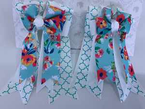 PonyTail Bows 3" Tails PonyTail Bows- Blue Floral Victorian Motifs equestrian team apparel online tack store mobile tack store custom farm apparel custom show stable clothing equestrian lifestyle horse show clothing riding clothes PonyTail Bows | Equestrian Hair Accessories horses equestrian tack store