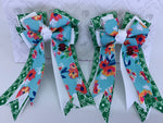 PonyTail Bows- Blue Floral on Green Motifs