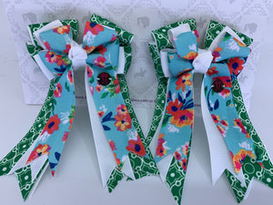 PonyTail Bows 3" Tails PonyTail Bows- Blue Floral on Green Motifs equestrian team apparel online tack store mobile tack store custom farm apparel custom show stable clothing equestrian lifestyle horse show clothing riding clothes PonyTail Bows | Equestrian Hair Accessories horses equestrian tack store