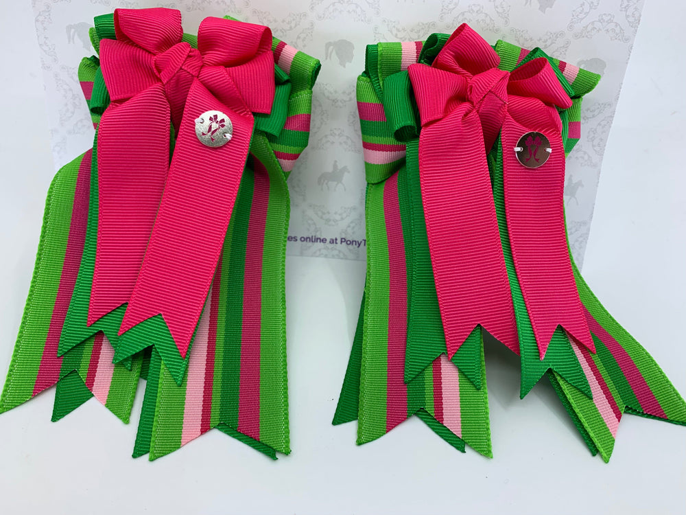 PonyTail Bows 3" Tails PonyTail Bows- Pink Green Stripes equestrian team apparel online tack store mobile tack store custom farm apparel custom show stable clothing equestrian lifestyle horse show clothing riding clothes PonyTail Bows | Equestrian Hair Accessories horses equestrian tack store