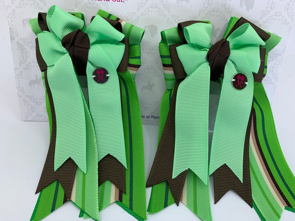PonyTail Bows 3" Tails PonyTail Bows- Light Green Java Brown Stripes equestrian team apparel online tack store mobile tack store custom farm apparel custom show stable clothing equestrian lifestyle horse show clothing riding clothes PonyTail Bows | Equestrian Hair Accessories horses equestrian tack store
