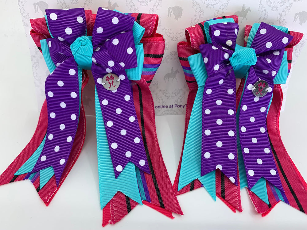 PonyTail Bows 3" Tails PonyTail Bows- Purple Polka Dots/Aqua/Stripes equestrian team apparel online tack store mobile tack store custom farm apparel custom show stable clothing equestrian lifestyle horse show clothing riding clothes PonyTail Bows | Equestrian Hair Accessories horses equestrian tack store