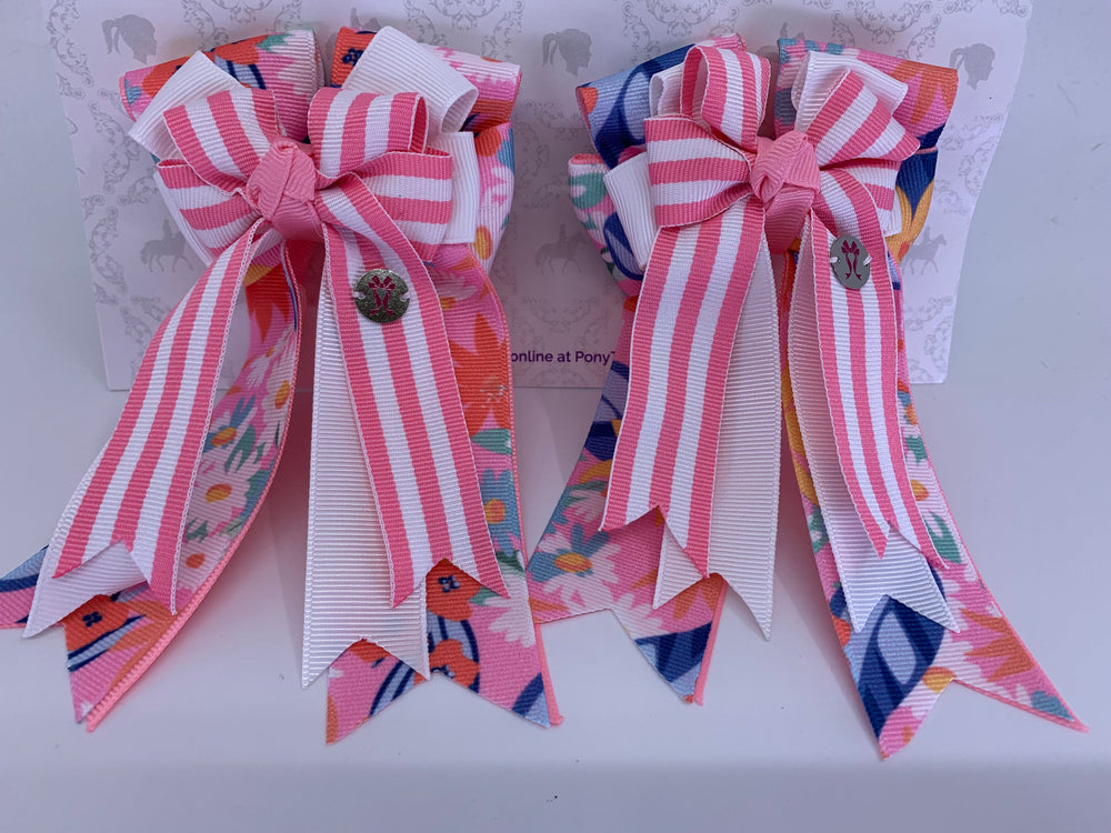 PonyTail Bows 3" Tails PonyTail Bows- Pink Strip Floral equestrian team apparel online tack store mobile tack store custom farm apparel custom show stable clothing equestrian lifestyle horse show clothing riding clothes PonyTail Bows | Equestrian Hair Accessories horses equestrian tack store