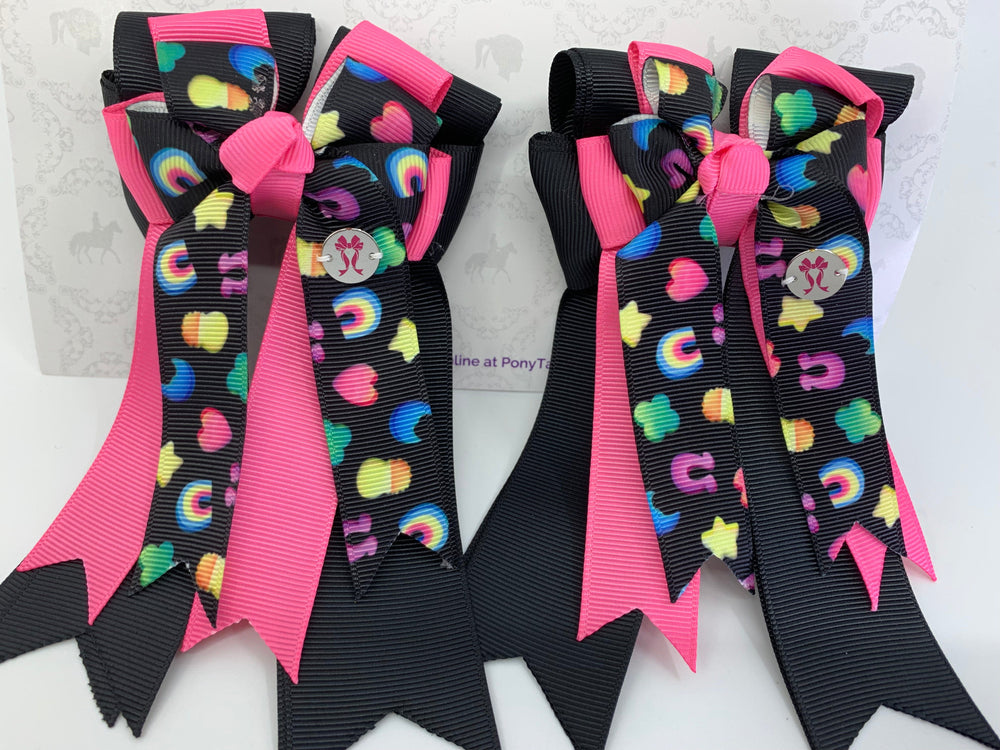 PonyTail Bows 3" Tails PonyTail Bows- Black/Pink Lucky Charms equestrian team apparel online tack store mobile tack store custom farm apparel custom show stable clothing equestrian lifestyle horse show clothing riding clothes PonyTail Bows | Equestrian Hair Accessories horses equestrian tack store