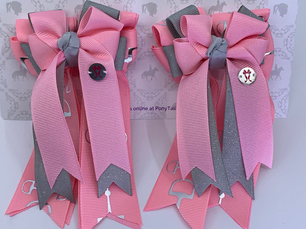 PonyTail Bows 3" Tails PonyTail Bows- Pink/Gray Bits equestrian team apparel online tack store mobile tack store custom farm apparel custom show stable clothing equestrian lifestyle horse show clothing riding clothes PonyTail Bows | Equestrian Hair Accessories horses equestrian tack store