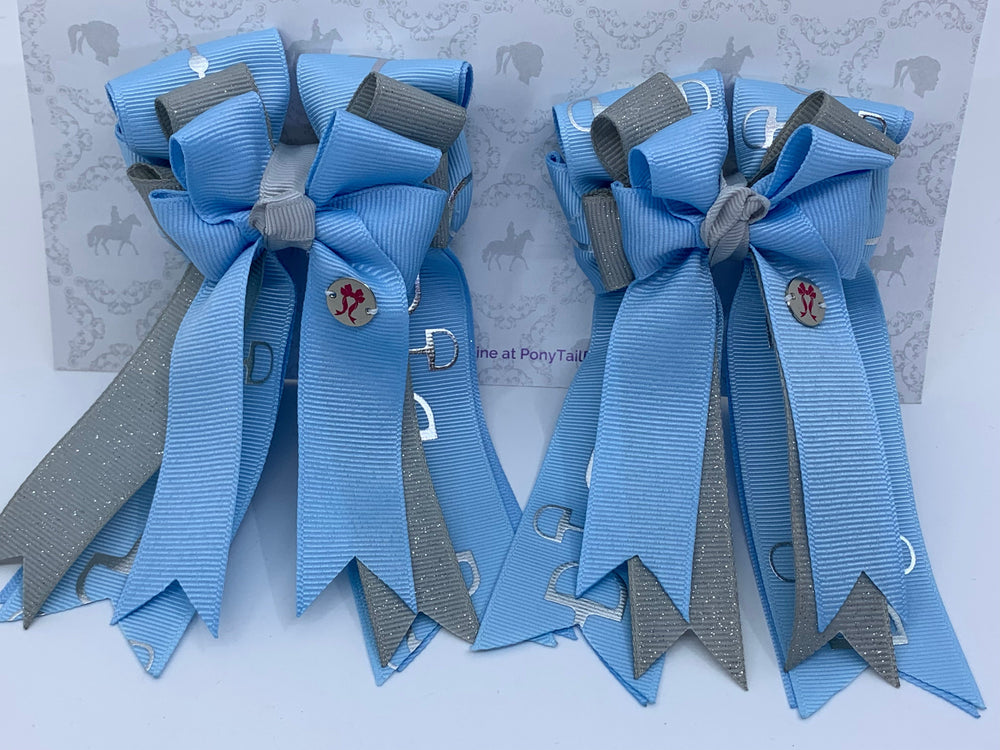 PonyTail Bows 3" Tails PonyTail Bows- Baby Blue/Gray Bits equestrian team apparel online tack store mobile tack store custom farm apparel custom show stable clothing equestrian lifestyle horse show clothing riding clothes PonyTail Bows | Equestrian Hair Accessories horses equestrian tack store
