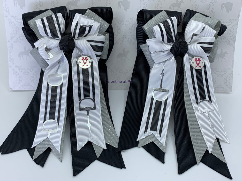 PonyTail Bows 3" Tails PonyTail Bows- Black/Gray White Bits equestrian team apparel online tack store mobile tack store custom farm apparel custom show stable clothing equestrian lifestyle horse show clothing riding clothes PonyTail Bows | Equestrian Hair Accessories horses equestrian tack store