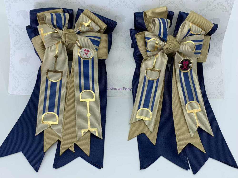 PonyTail Bows 3" Tails PonyTail Bows- Navy/Tan Bits equestrian team apparel online tack store mobile tack store custom farm apparel custom show stable clothing equestrian lifestyle horse show clothing riding clothes PonyTail Bows | Equestrian Hair Accessories horses equestrian tack store