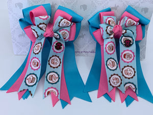 PonyTail Bows 3" Tails PonyTail Bows- Blue/Pink Cupcakes equestrian team apparel online tack store mobile tack store custom farm apparel custom show stable clothing equestrian lifestyle horse show clothing riding clothes PonyTail Bows | Equestrian Hair Accessories horses equestrian tack store