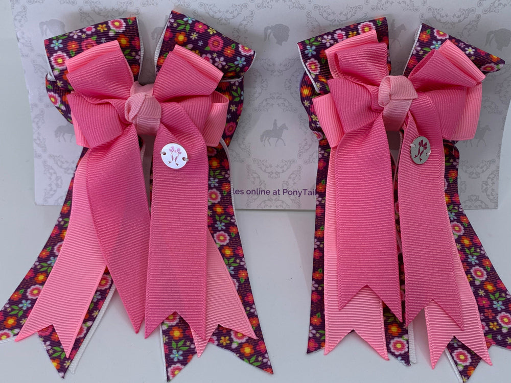 PonyTail Bows 3" Tails PonyTail Bows- Pink Spring Floral equestrian team apparel online tack store mobile tack store custom farm apparel custom show stable clothing equestrian lifestyle horse show clothing riding clothes PonyTail Bows | Equestrian Hair Accessories horses equestrian tack store