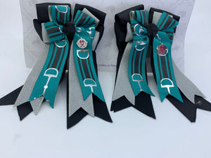 PonyTail Bows 3" Tails PonyTail Bows- Black/Gray Teal Bits equestrian team apparel online tack store mobile tack store custom farm apparel custom show stable clothing equestrian lifestyle horse show clothing riding clothes PonyTail Bows | Equestrian Hair Accessories horses equestrian tack store