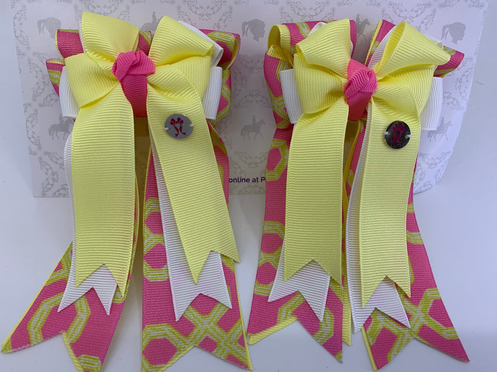 PonyTail Bows 3" Tails PonyTail Bows-Yellow Pink Geometric equestrian team apparel online tack store mobile tack store custom farm apparel custom show stable clothing equestrian lifestyle horse show clothing riding clothes PonyTail Bows | Equestrian Hair Accessories horses equestrian tack store