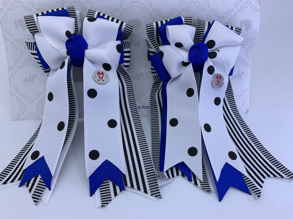 PonyTail Bows 3" Tails PonyTail Bows- Black & White Stripes/Royal Blue equestrian team apparel online tack store mobile tack store custom farm apparel custom show stable clothing equestrian lifestyle horse show clothing riding clothes PonyTail Bows | Equestrian Hair Accessories horses equestrian tack store