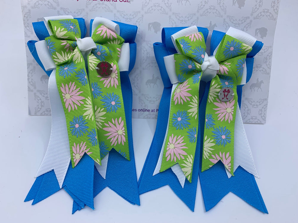 PonyTail Bows- Ocean Blue/Green Spring Flowers