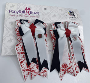 PonyTail Bows 3" Tails Red Demask White PonyTail Bows equestrian team apparel online tack store mobile tack store custom farm apparel custom show stable clothing equestrian lifestyle horse show clothing riding clothes PonyTail Bows | Equestrian Hair Accessories horses equestrian tack store