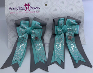 PonyTail Bows 3" Tails Aqua Scroll PonyTail Bows equestrian team apparel online tack store mobile tack store custom farm apparel custom show stable clothing equestrian lifestyle horse show clothing riding clothes PonyTail Bows | Equestrian Hair Accessories horses equestrian tack store
